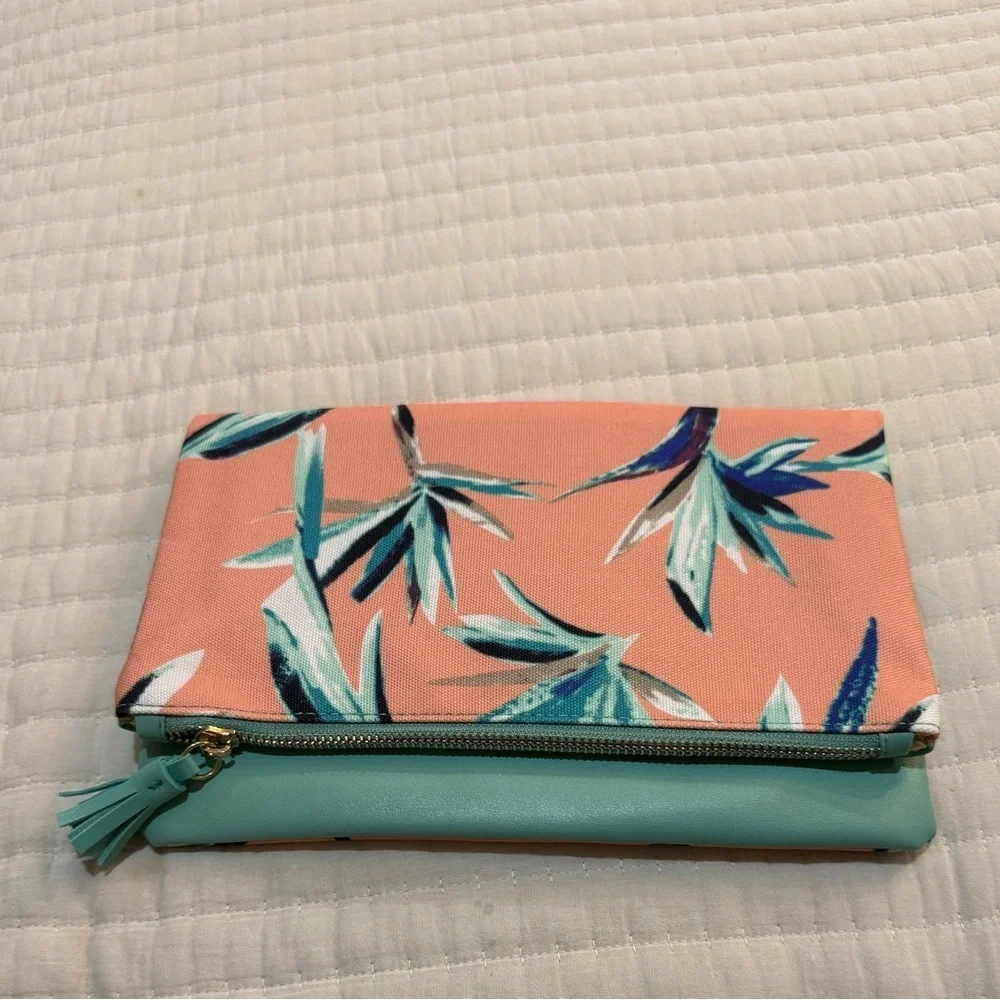 Rachel Pally Pink and Green Tropical Clutch with Botanical Design